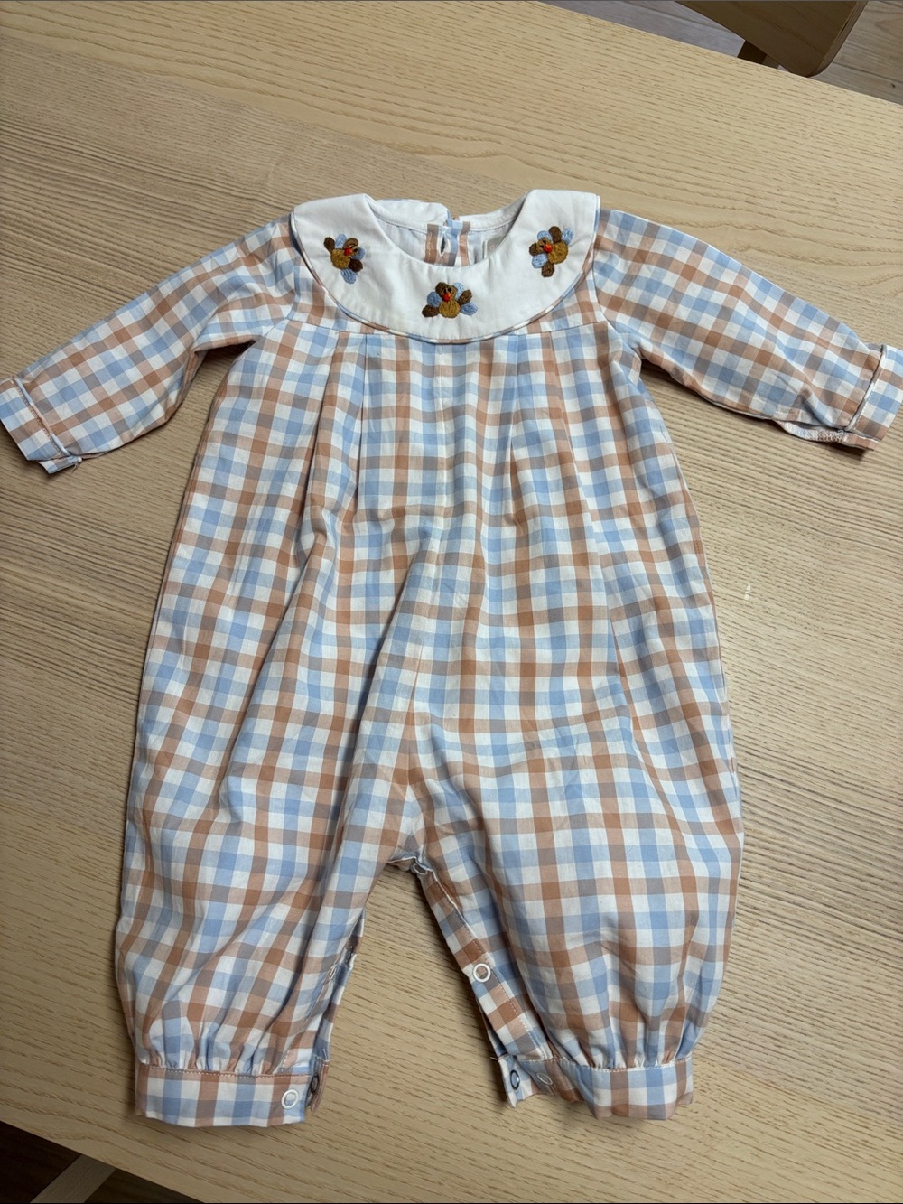 Thanksgiving Plaid Baby Romper with Embroidered Collar - Blue & Tan